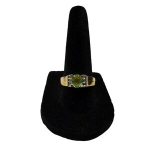 18K Gold Electroplated Ring Oval Green Peridot & Rhinestone Accent Size 7.5